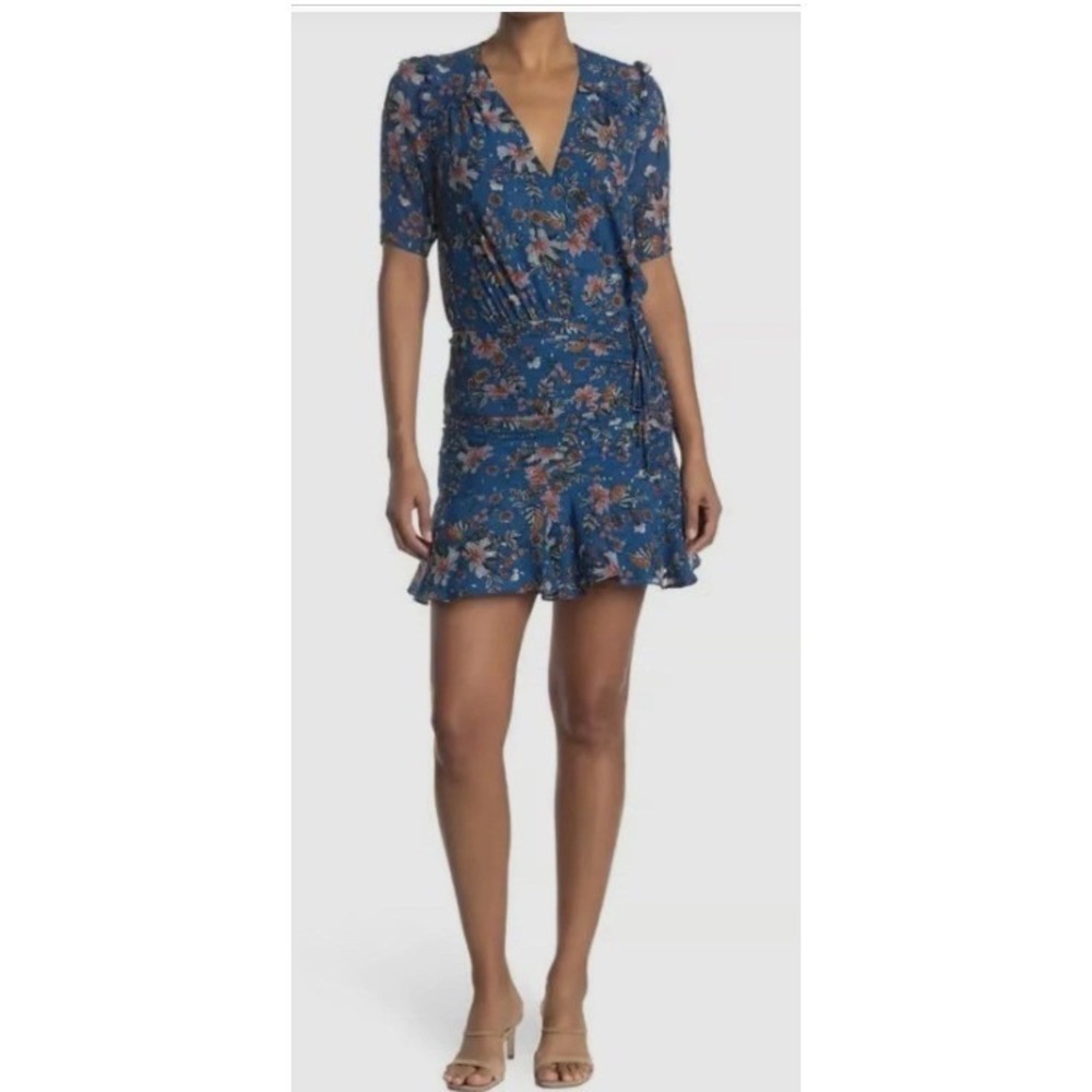 Veronica Beard Mini Dress Womens 6 Blue Silk Metallic Floral Ruched Ruffle Trim